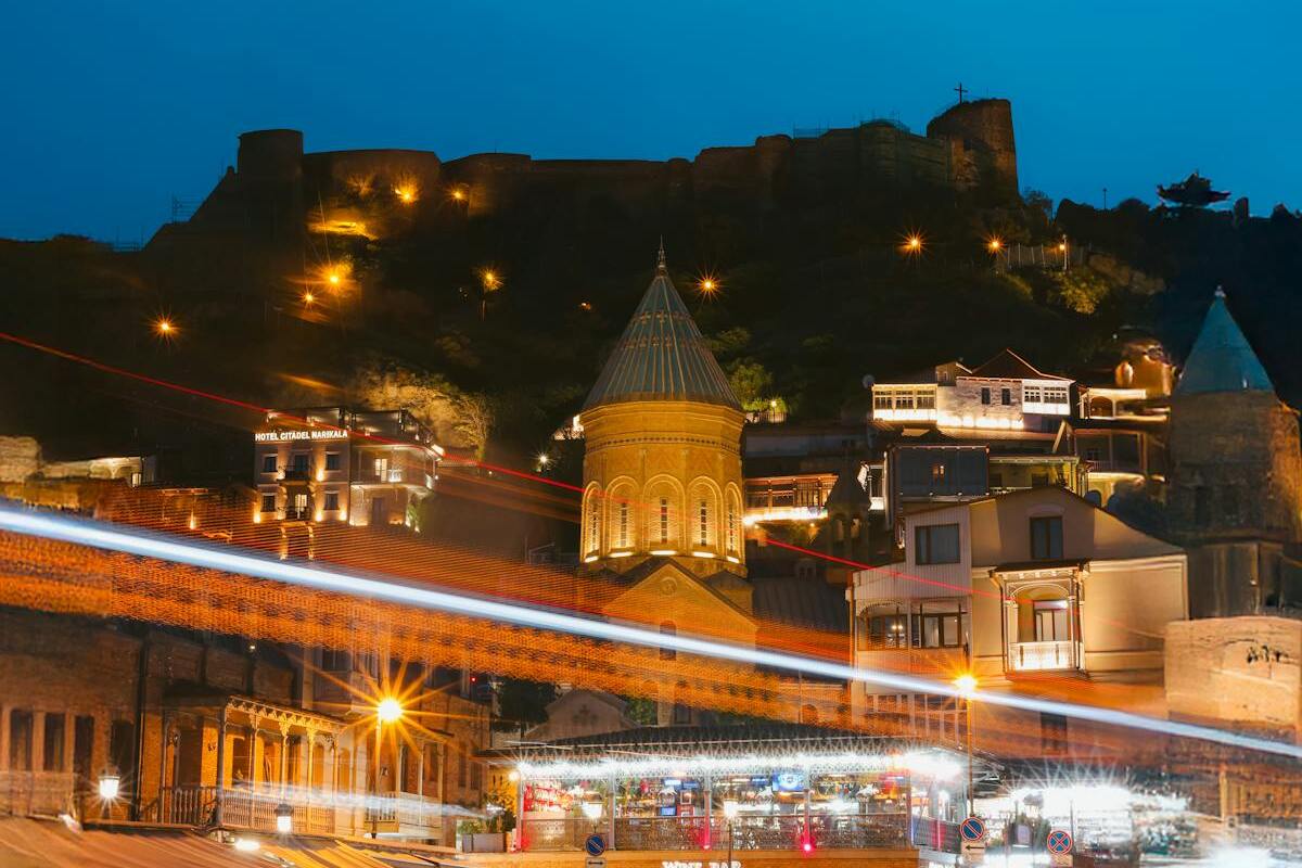 Night view of Tbilisi Georgia with Narikala Fortress overlooking the historic old town