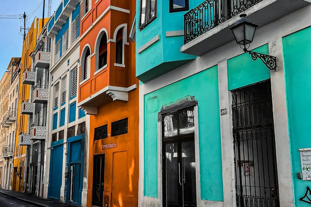 Colorful colonial buildings lining a narrow street in Old San Juan Puerto Rico