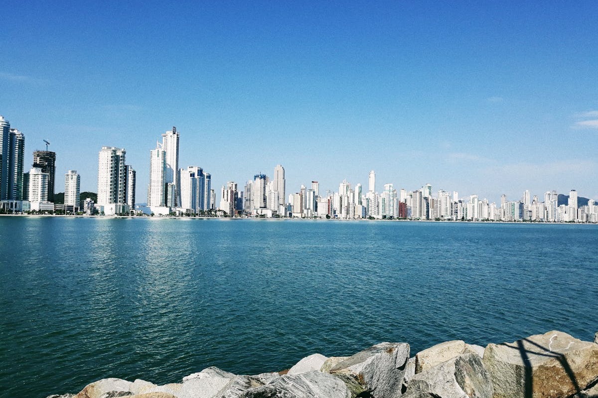 Panama City modern waterfront skyline with financial district skyscrapers along the bay