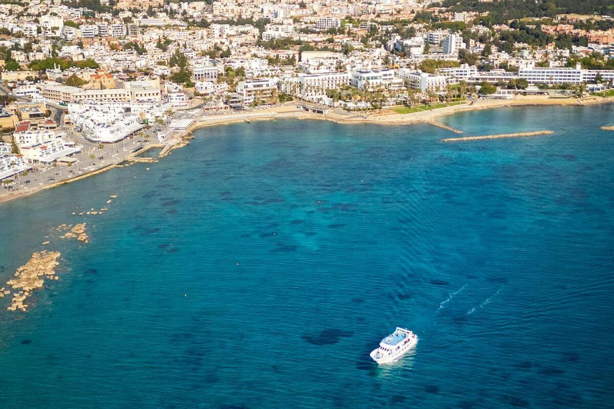 Aerial view of Paphos coastline in Cyprus with blue Mediterranean waters