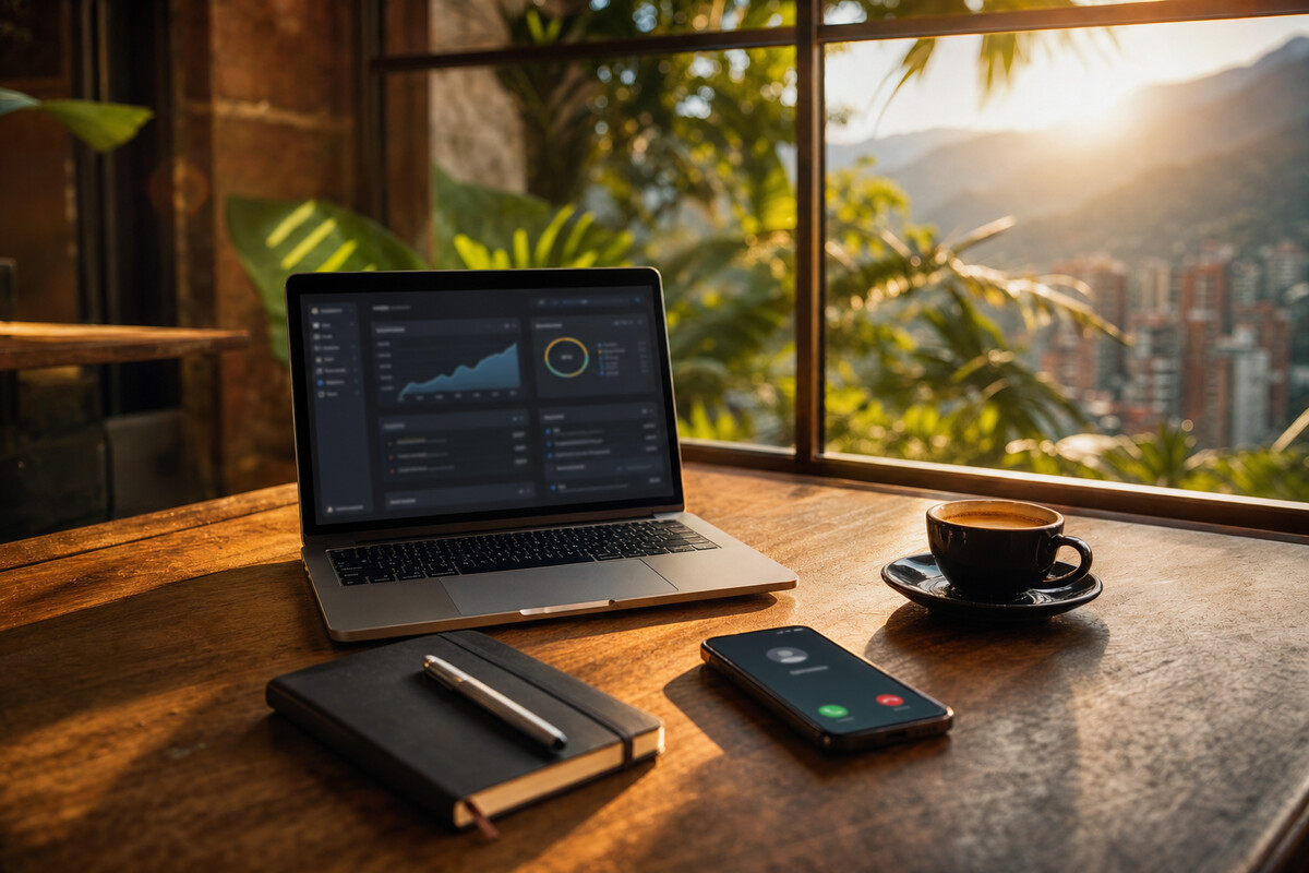 Wooden cafe table at golden hour in Medellin Colombia with laptop showing business dashboard, smartphone showing incoming call, espresso cup, and notebook