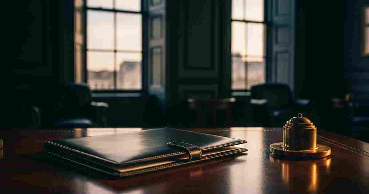 Leather portfolio and fountain pen on mahogany desk for US expatriate tax documentation