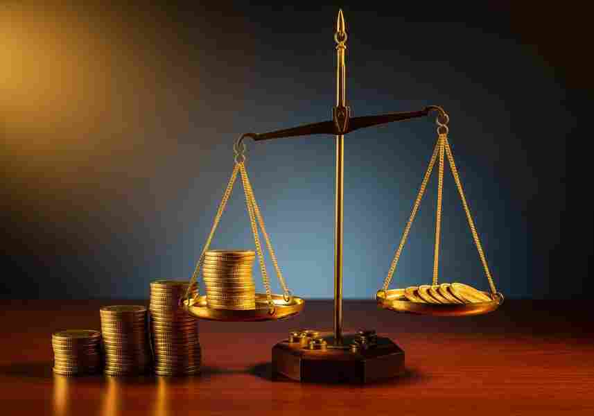 Brass balance scale with stacked coins representing weighing state domicile tax obligations for expats abroad