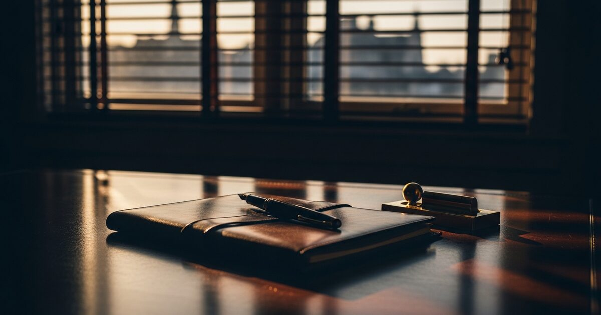 Closed leather portfolio with fountain pen on mahogany desk in warm afternoon light