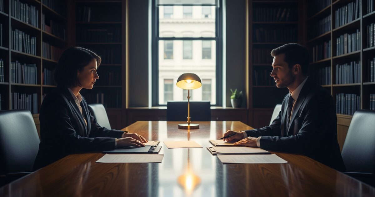Tax consultants reviewing exit tax documents at a conference table in a formal office