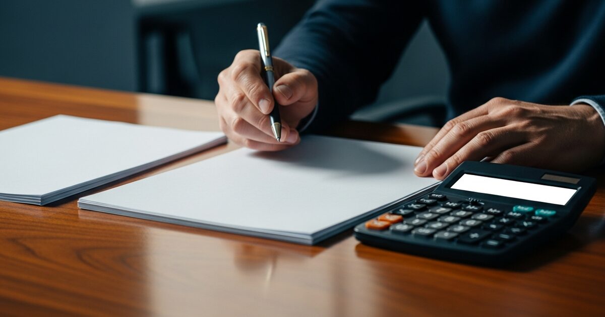 Close view of hands with pen over blank documents and calculator on a desk during exit tax planning