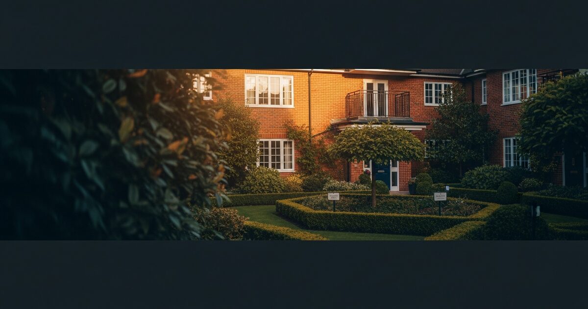 Sunlit brick residential building with manicured garden in warm afternoon light