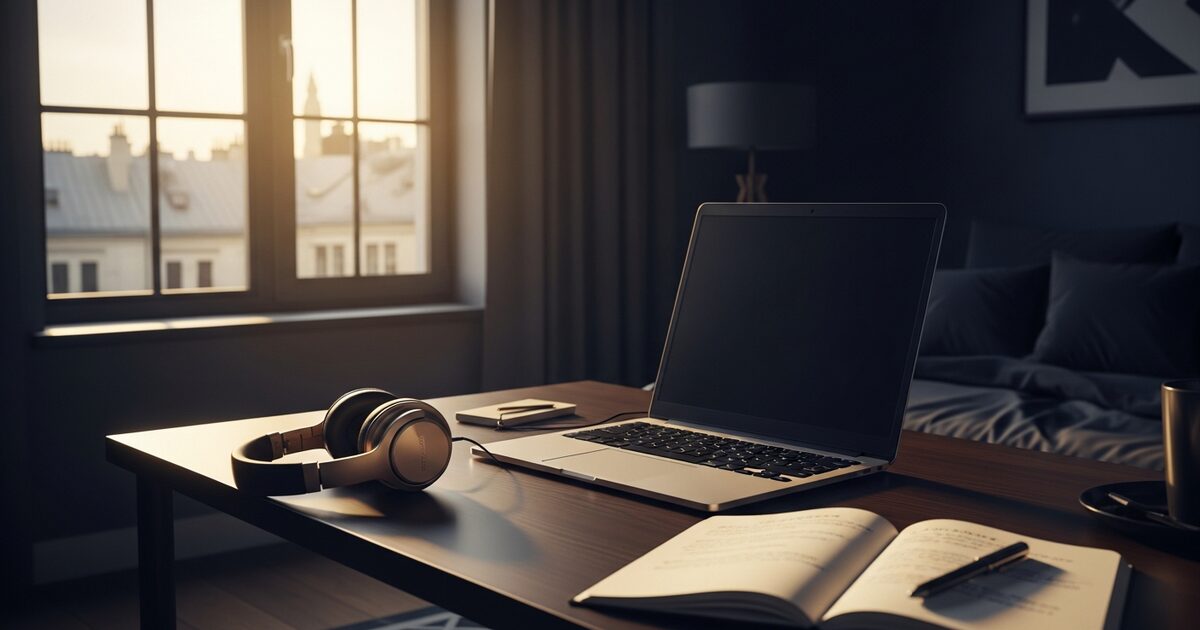 home office workspace with laptop and notebook overlooking city rooftops for AI lead generation work abroad