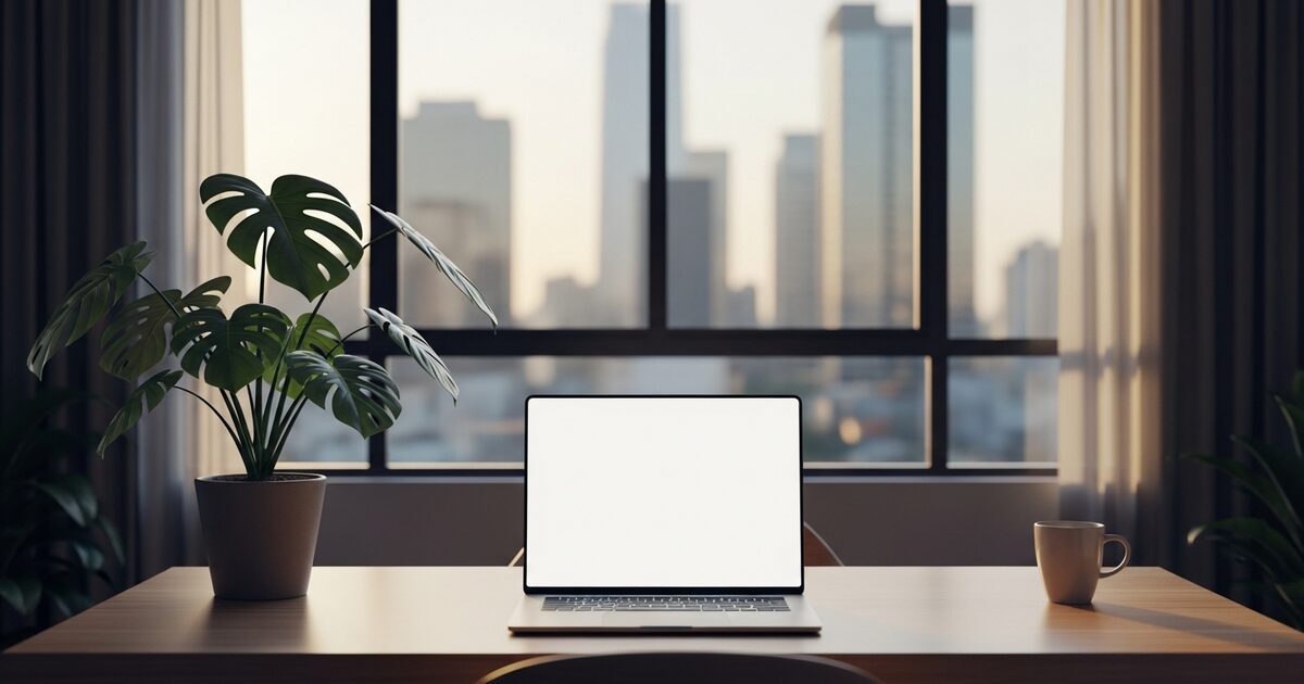 Remote operator at a clean home office desk in a Latin American apartment with golden afternoon light
