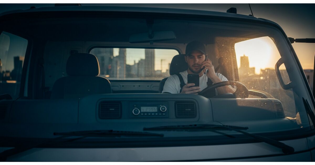 HVAC technician in work truck checking phone while parked in golden afternoon light