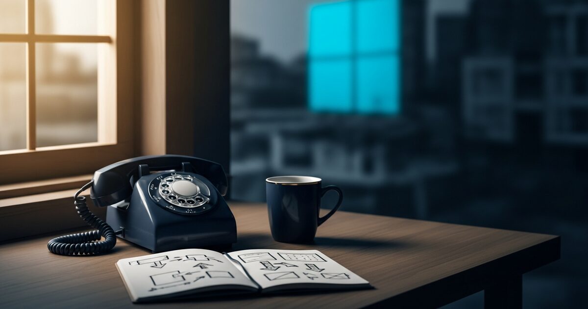 home office desk with analog telephone notebook and coffee mug warm morning light