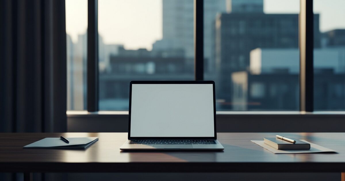 Digital nomad at walnut desk working on client analytics in minimal home office with natural morning light