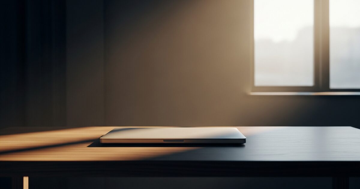 Freelancer at a minimalist walnut desk managing a remote AI text automation service