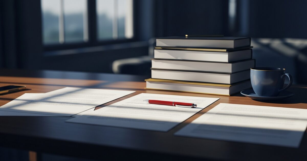 Home office desk with printed document pages, red pen, bilingual reference books, and coffee mug in natural light