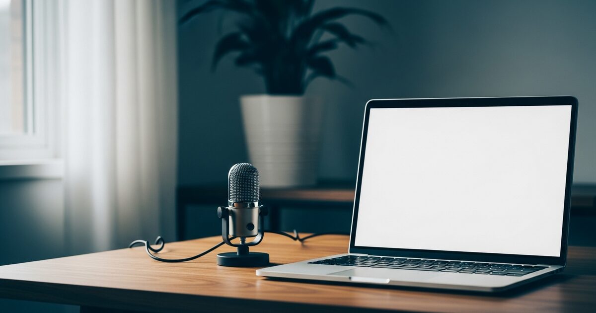 Home office desk with microphone and laptop set up for remote AI voice agent service business
