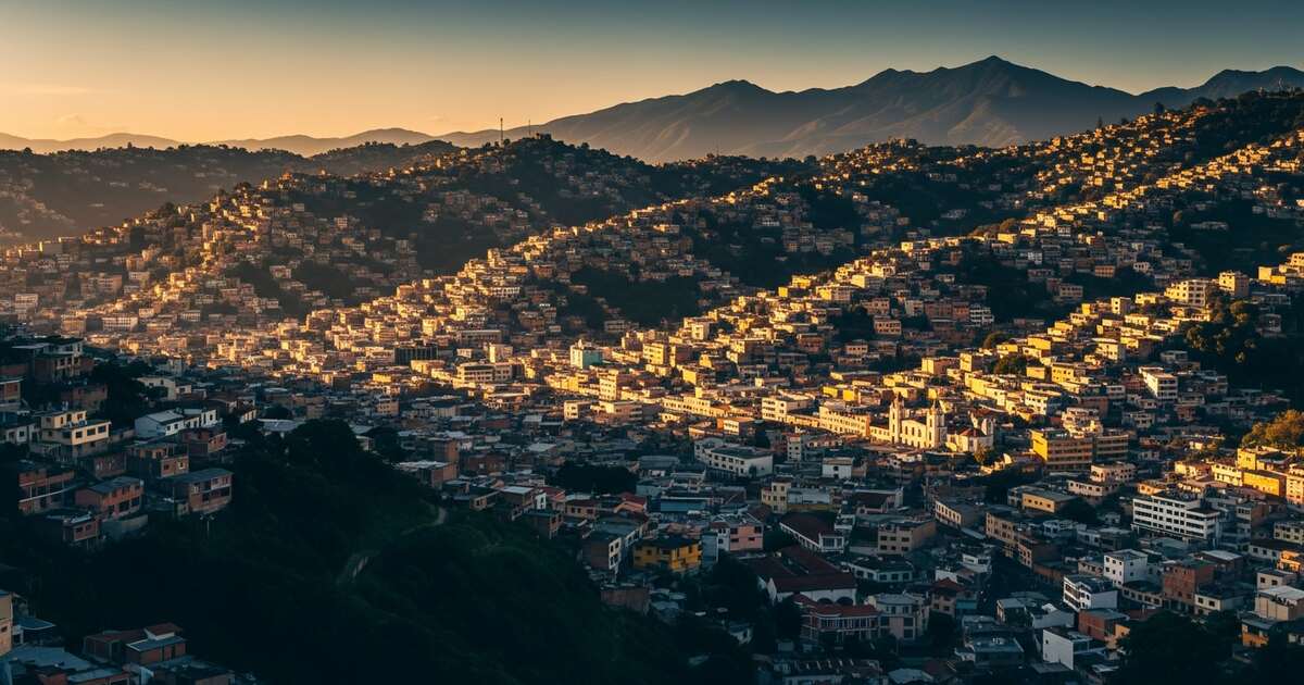Golden hour aerial view of a colorful Latin American hillside city with distant mountains