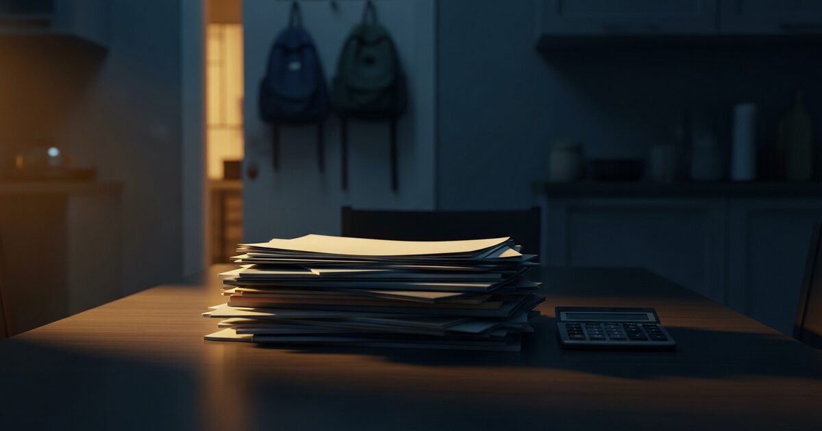 Family kitchen table covered with tax papers and calculator, children's backpacks visible in the background