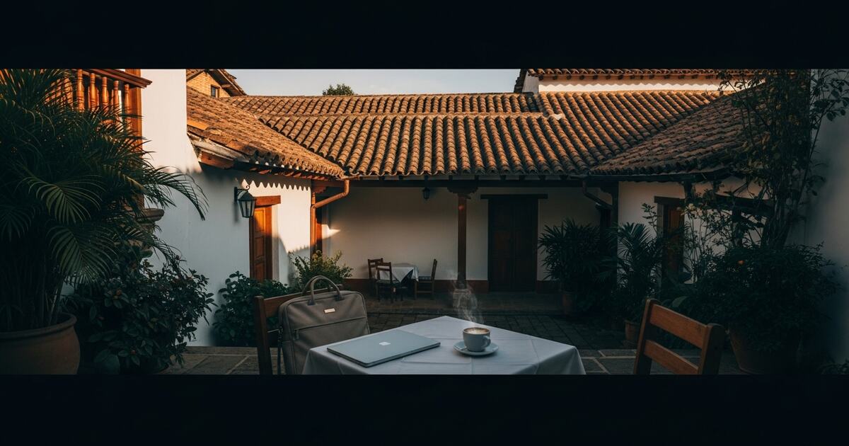 Sunlit colonial courtyard with tropical plants and outdoor cafe table in morning light