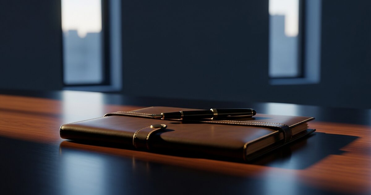 Elegant mahogany desk with leather portfolio and fountain pen for expatriate exit tax planning