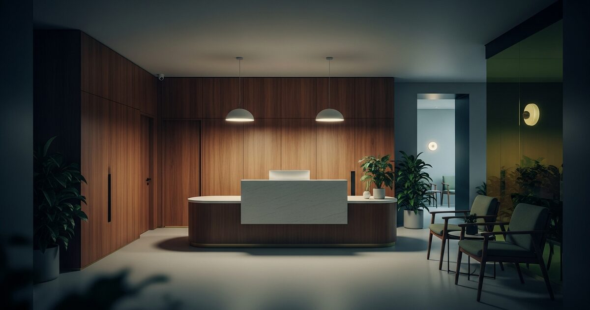 Modern bright dental clinic reception with warm wood tones and sage green seating
