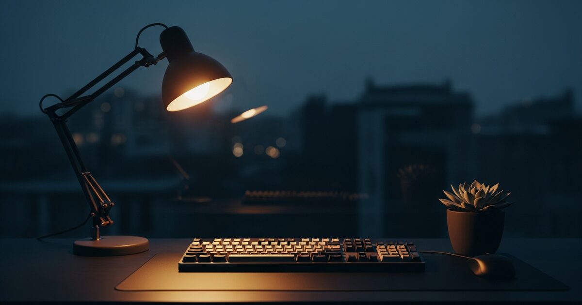 minimal home office desk with amber desk lamp and mechanical keyboard representing Discord bot developer workspace