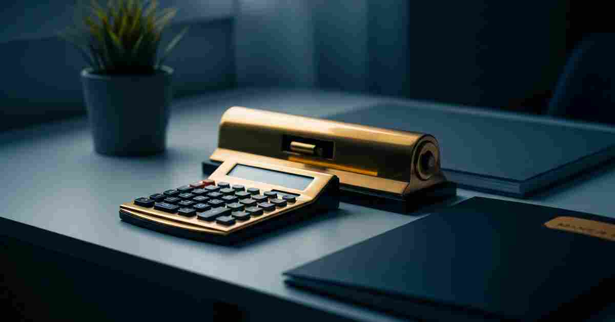 Brass desktop calculator and closed folder on a tidy home office desk in soft window light