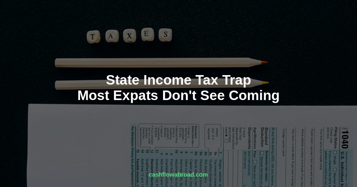 Tax documents on a desk representing state income tax obligations for US expats living abroad