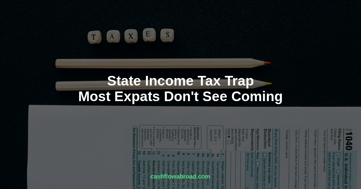 Tax documents on a desk representing state income tax obligations for US expats living abroad