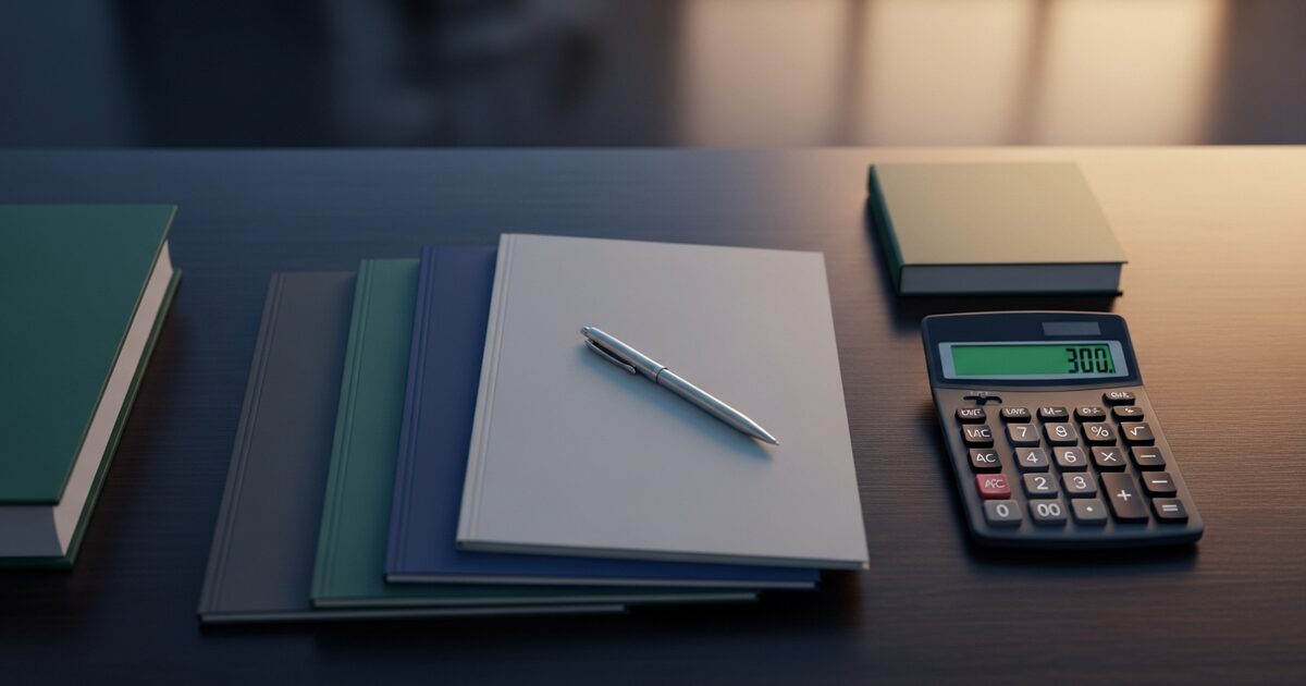 Overhead view of a bank professional desk with organized account folders calculator and pen in warm amber light