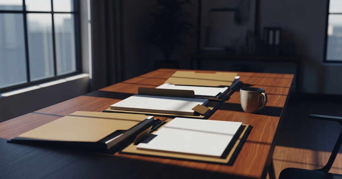 Modern home office wooden desk with open folders and morning window light