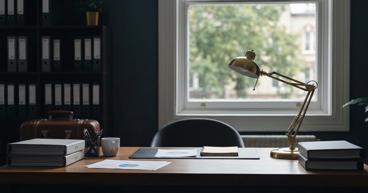 A quiet accountant's office with stacked document folders representing US tax compliance for UK, Canadian, and Australian pension holders