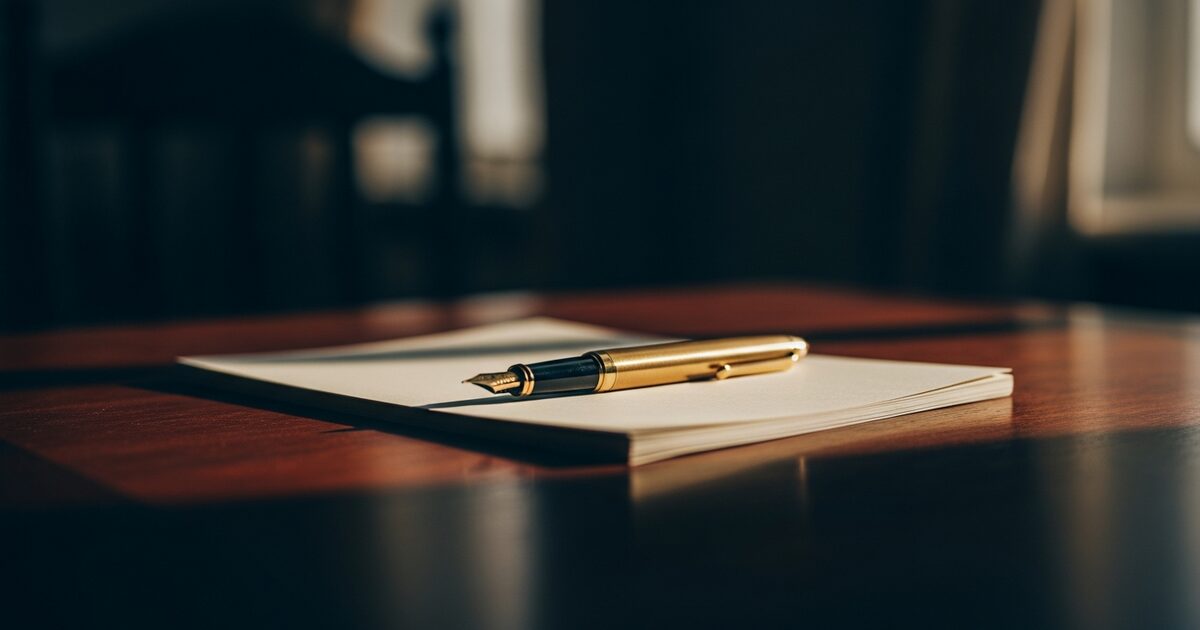 Brass fountain pen on blank stacked papers at a mahogany desk representing foreign tax credit filing