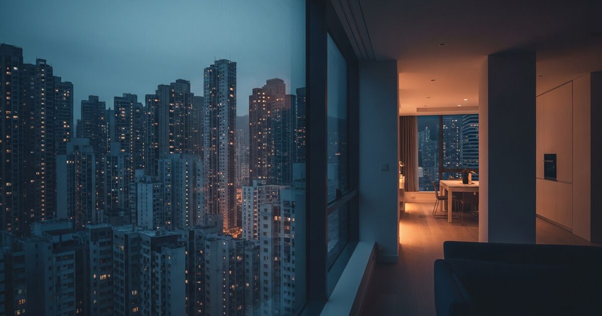 Floor to ceiling windows with glowing urban skyline at dusk seen from minimalist modern apartment interior