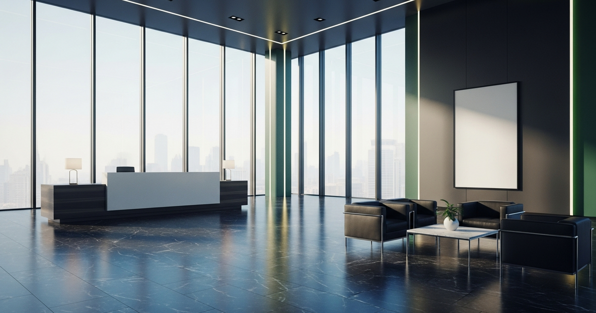 Wide formal investment firm lobby with tall windows and polished dark marble floor in afternoon light