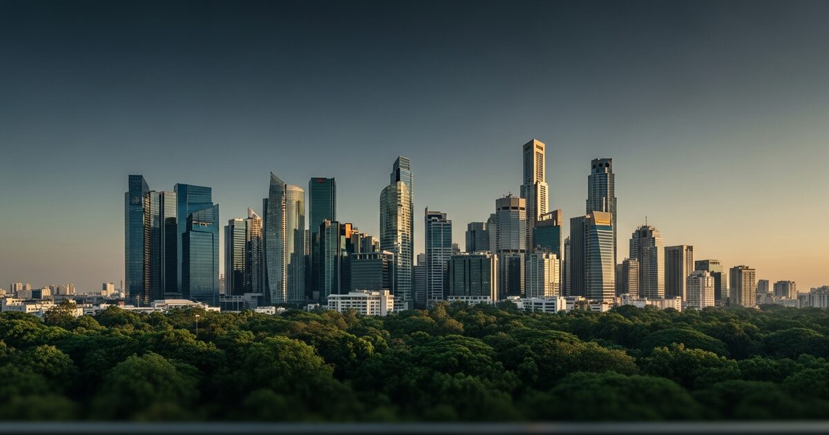 Modern tropical city skyline with glass towers above green tree canopies at golden hour representing Nairobi Kenya