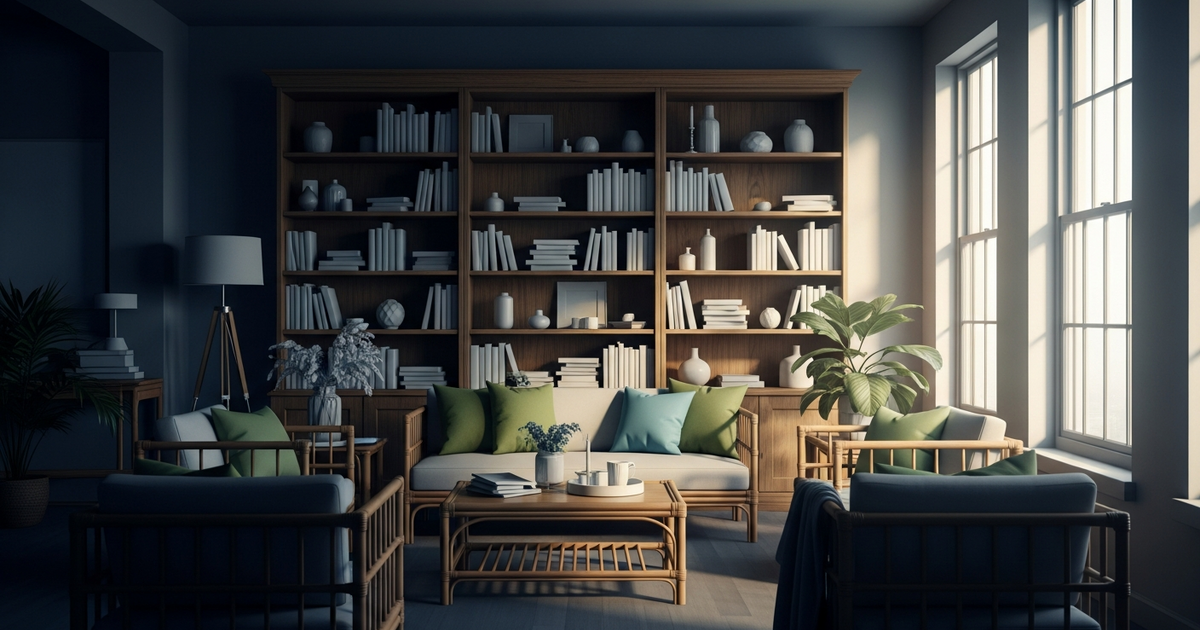 Sun-drenched tropical apartment living room with rattan furniture and bookcase in warm afternoon light