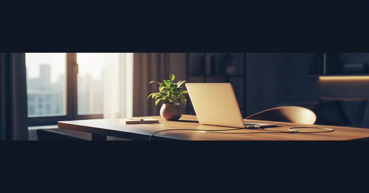 Minimal home office desk with laptop plant and warm window light for remote work