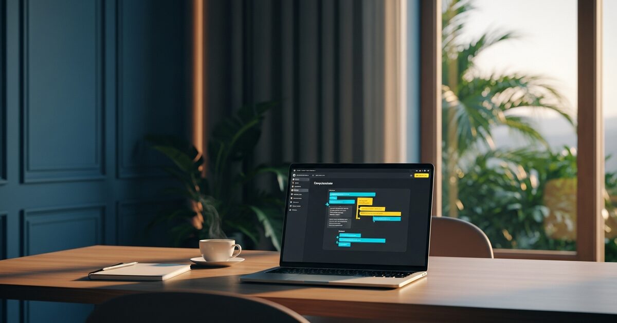 Expat working on a no-code AI chatbot builder from a tropical home workspace