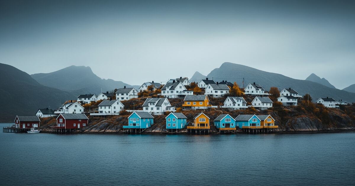 Colorful Norwegian coastal hillside town with timber houses reflected in fjord water