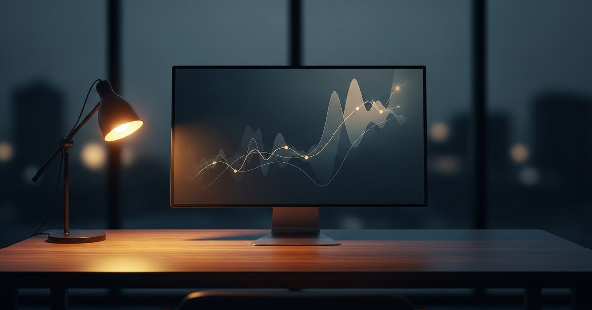 Minimalist trading workspace with widescreen monitor and warm desk lamp in soft focus