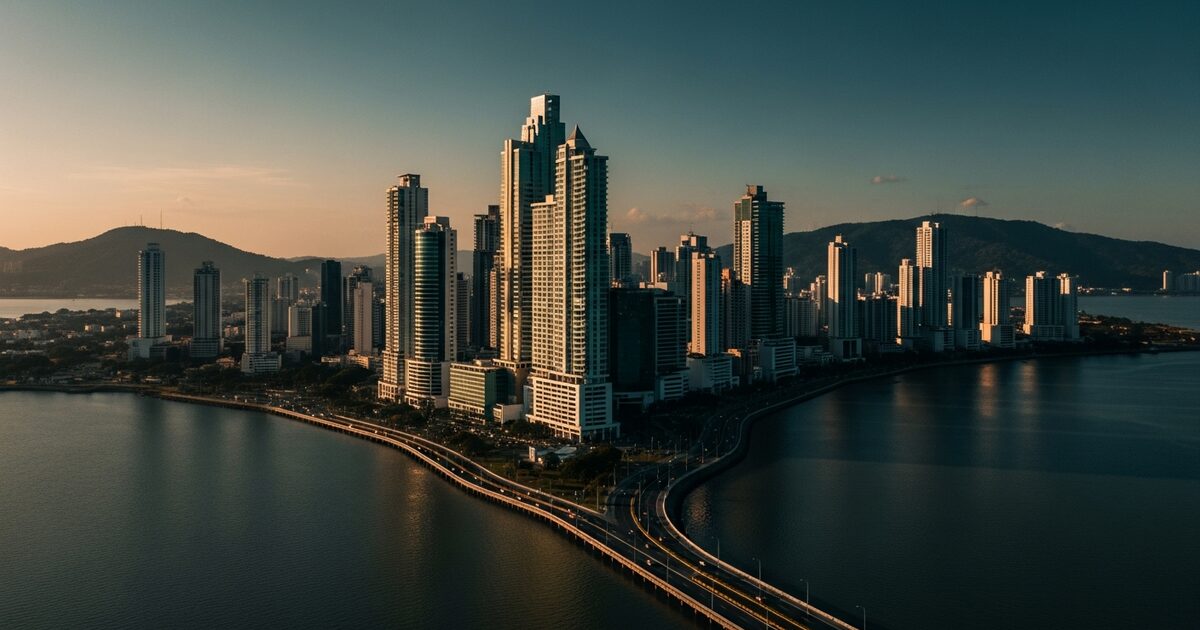 Panama City skyline and waterfront viewed from above showing modern towers and tropical bay