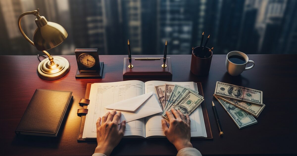 Leather ledger sealed envelope and stacked currency on mahogany desk in warm directional light