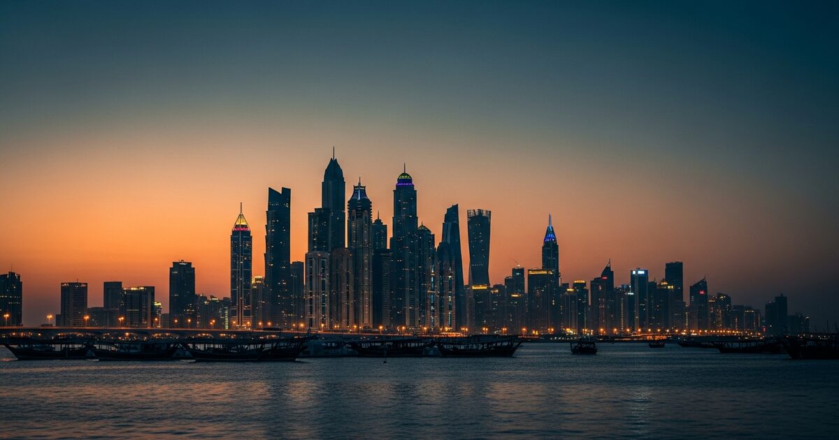 Futuristic Gulf city skyline at sunset with traditional dhow boats in the foreground
