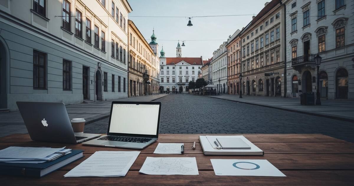 Bratislava old town cobblestone street with baroque facades in warm afternoon light