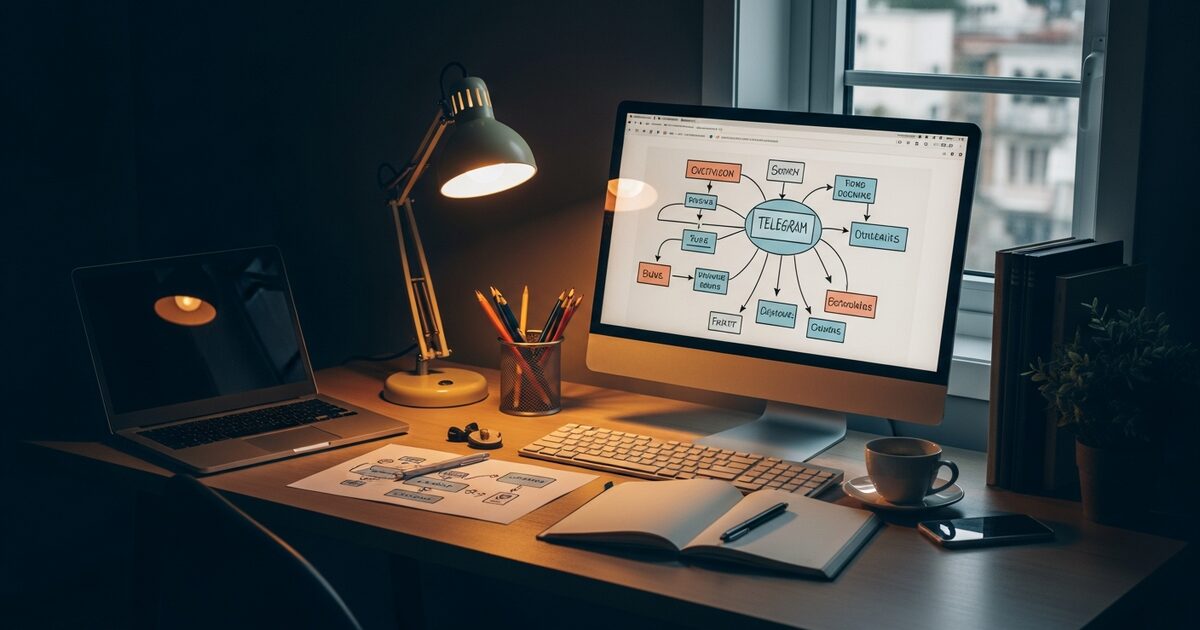 Minimal home office workspace with paper notebook flowcharts and keyboard for AI agent work