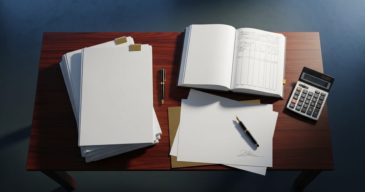 Accountant desk with legal documents and ledger books for US exit tax planning