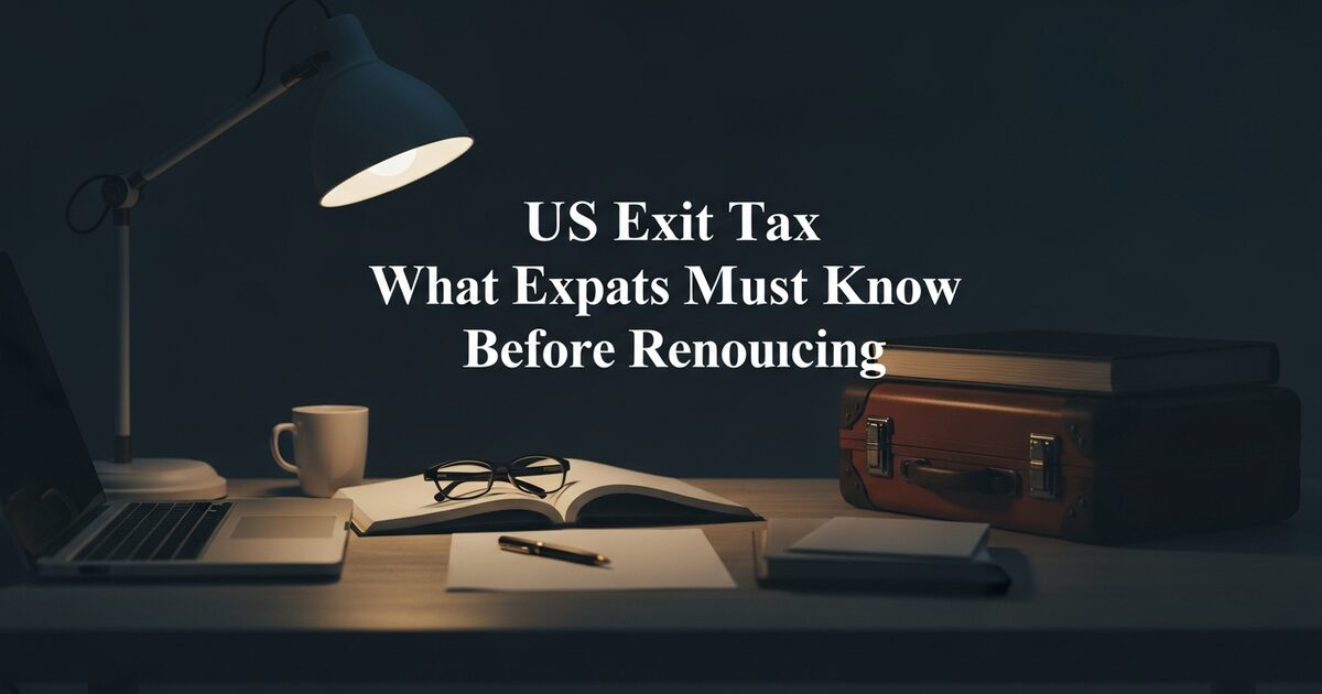Financial planner desk with stacked documents and ledger representing US exit tax planning for expats