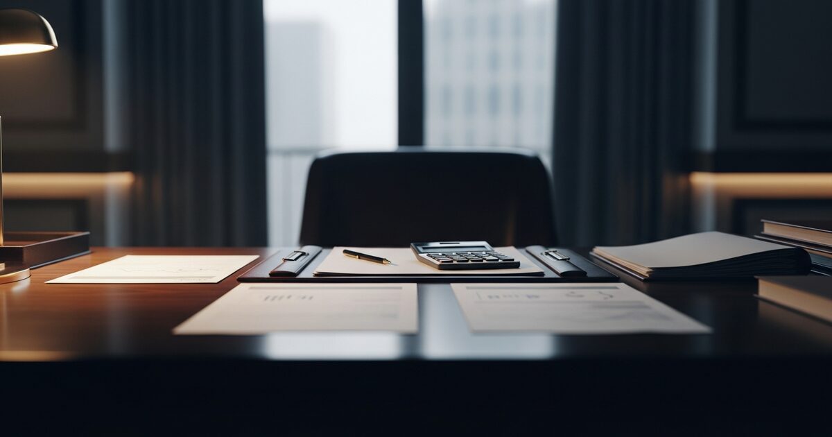 Tax advisor office with financial documents and calculator spread across a desk
