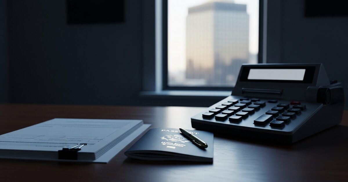 tax documents and passport on a government desk representing US expatriation exit tax