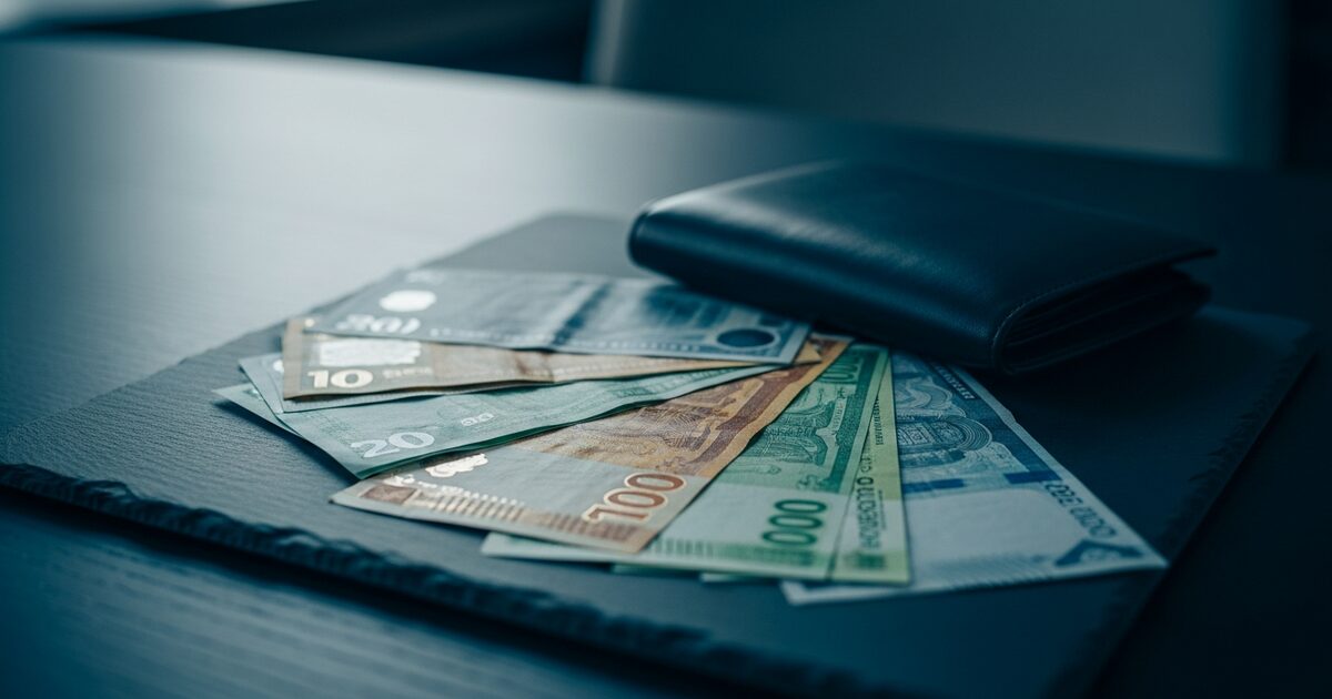 Fanned international currency notes on dark slate surface beside a closed leather wallet